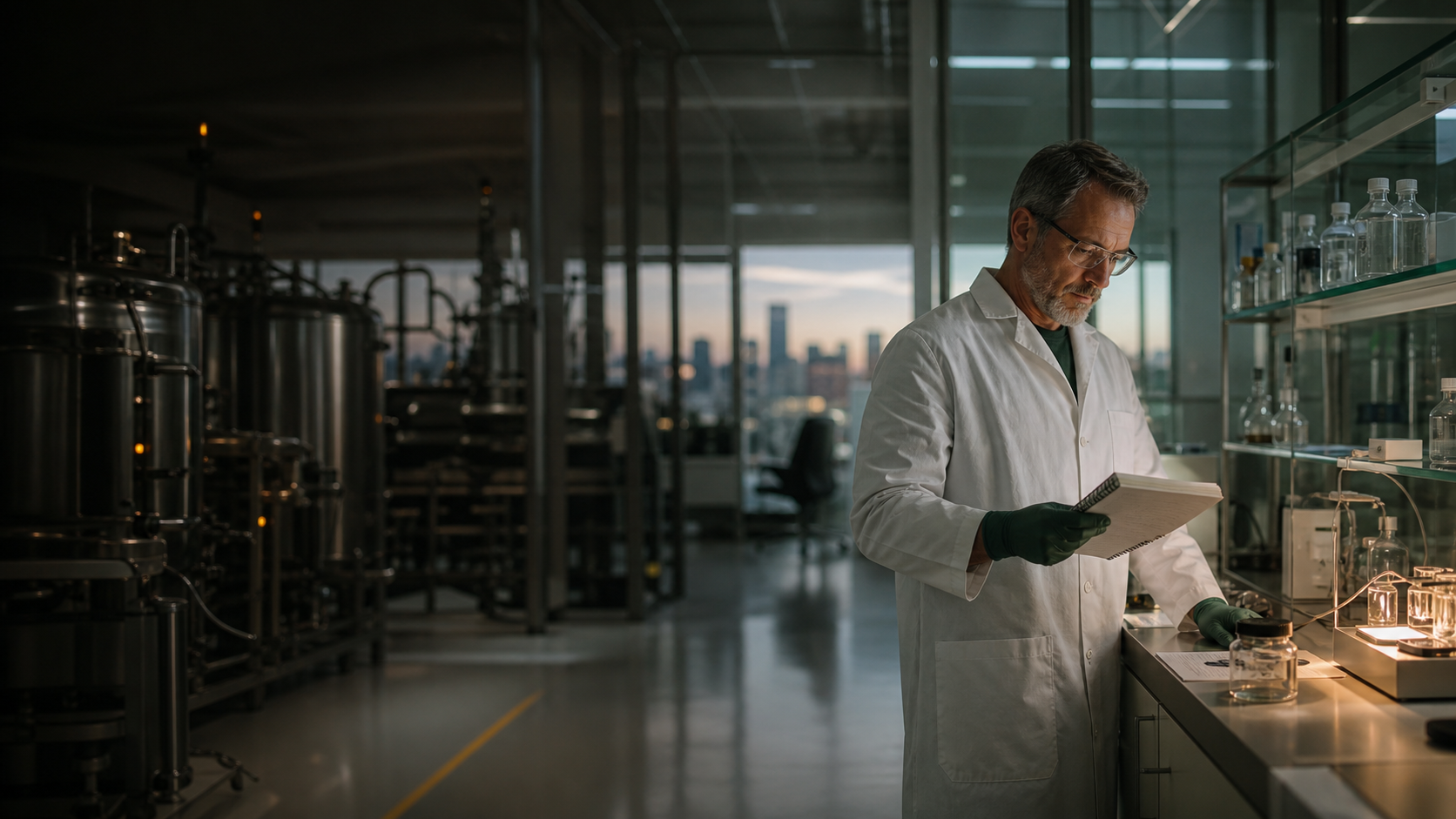 A life science professional checking bioprocess equipment on a quiet morning