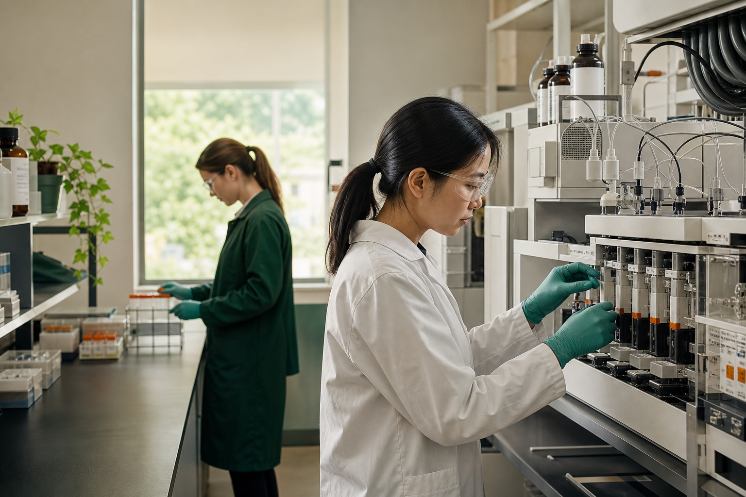 Scientists operating oligonucleotide synthesis equipment in a pilot laboratory