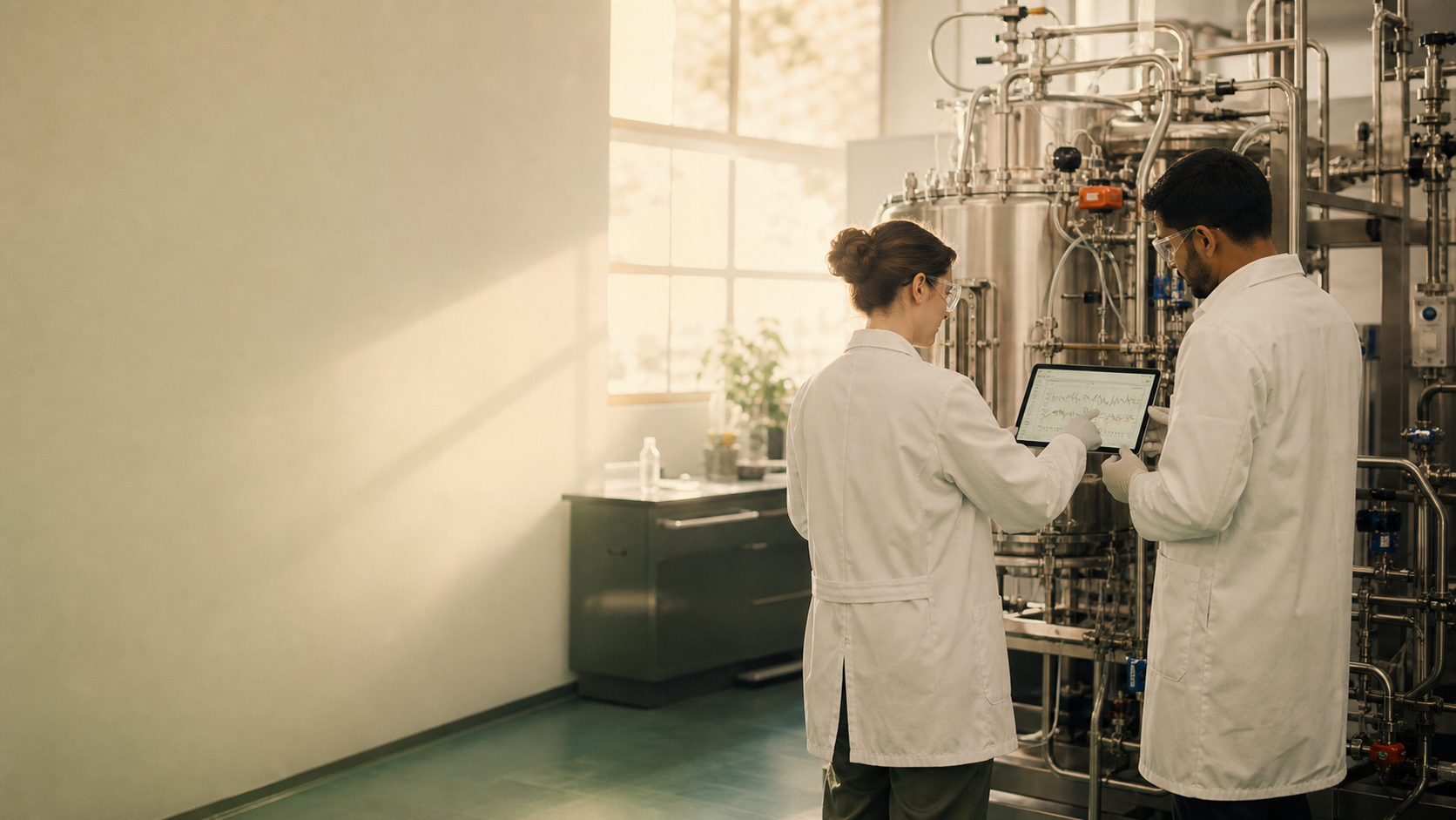 Two scientists reviewing process data beside biopharmaceutical manufacturing equipment