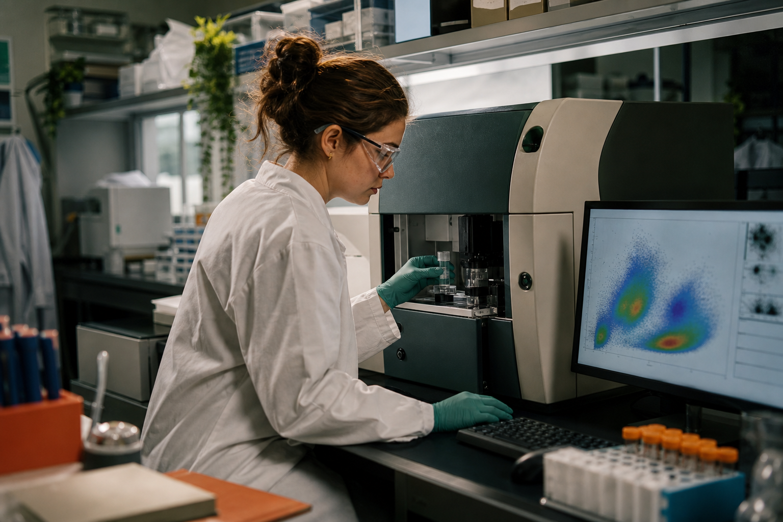 A scientist operating an unbranded flow cytometry instrument in a laboratory
