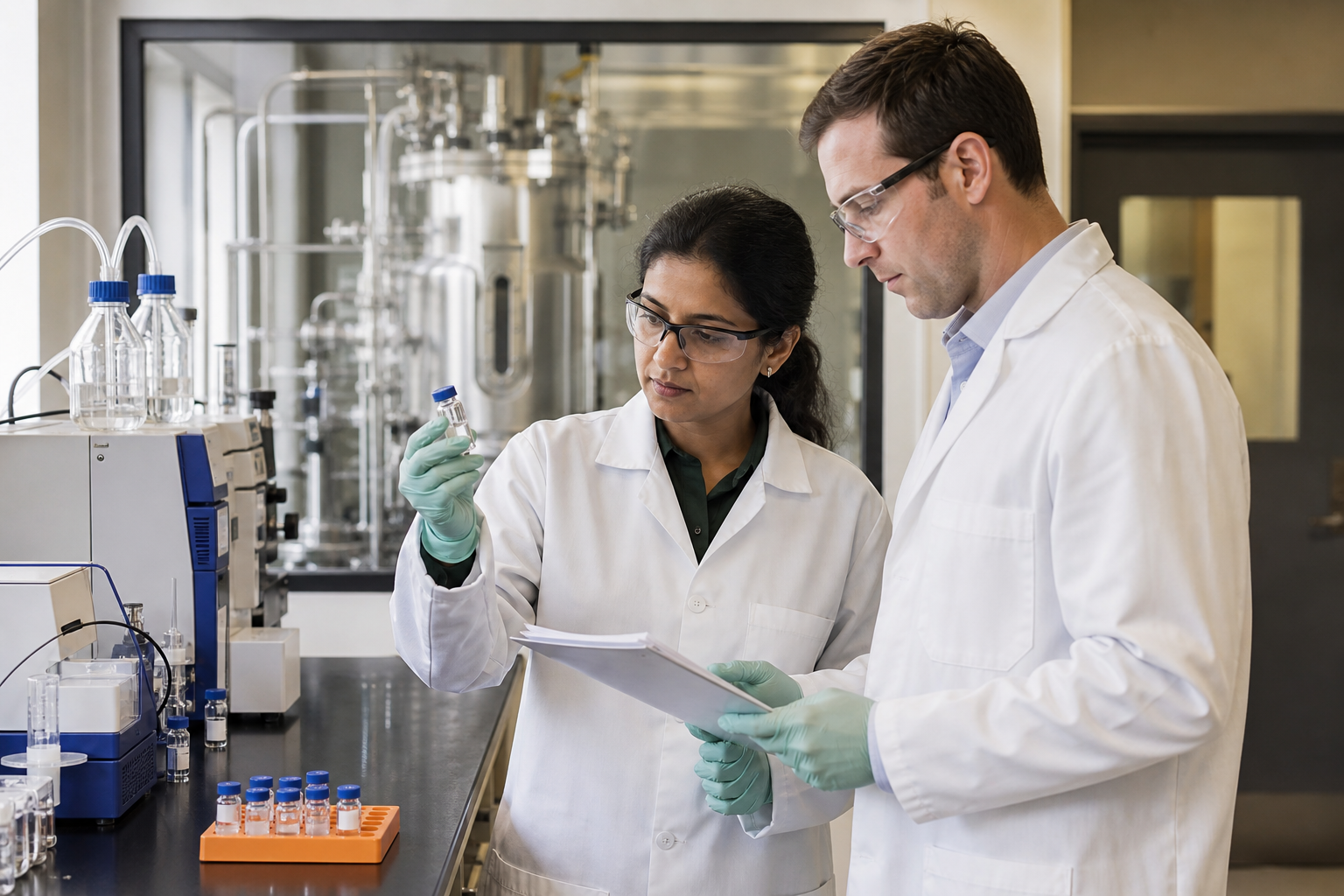Two quality scientists reviewing a vial and inspection checklist in a laboratory