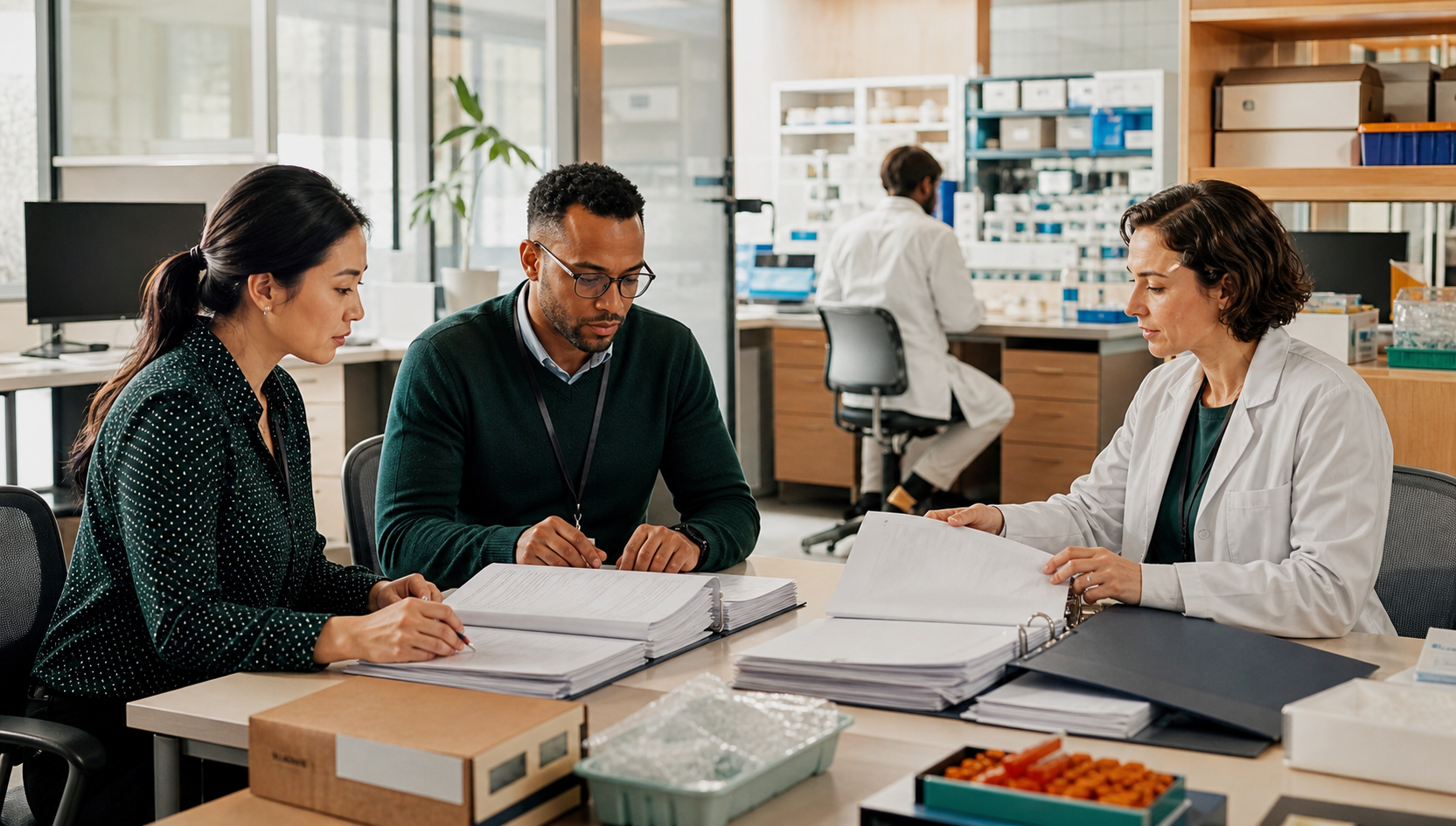 A clinical development team coordinating study plans around a laboratory-office table