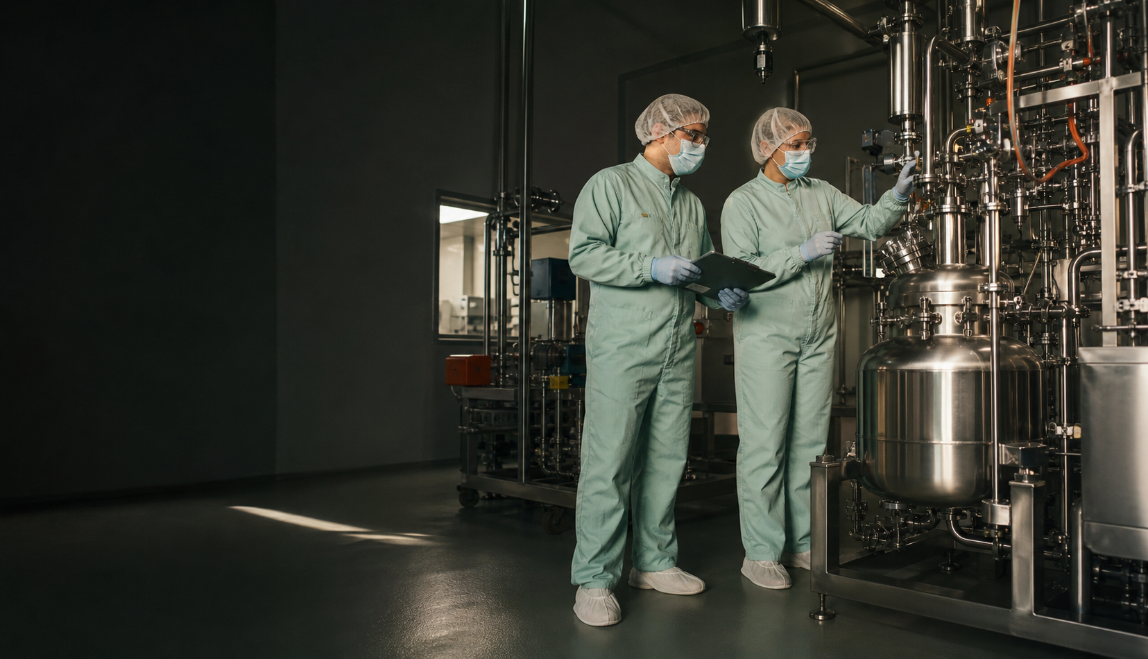 Two biopharmaceutical manufacturing operators checking stainless-steel process equipment