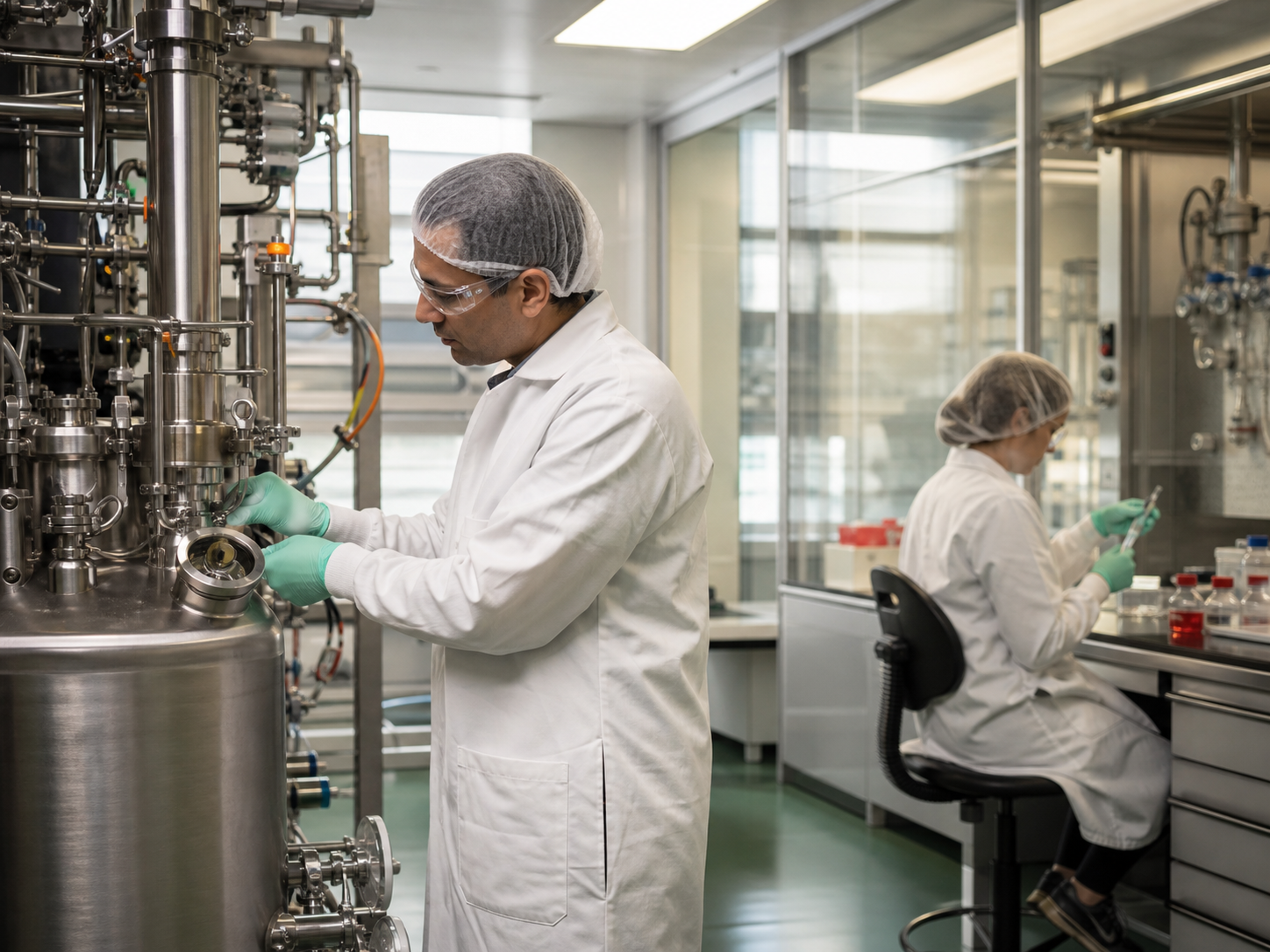A process engineer and quality-control scientist working in a biologics pilot suite