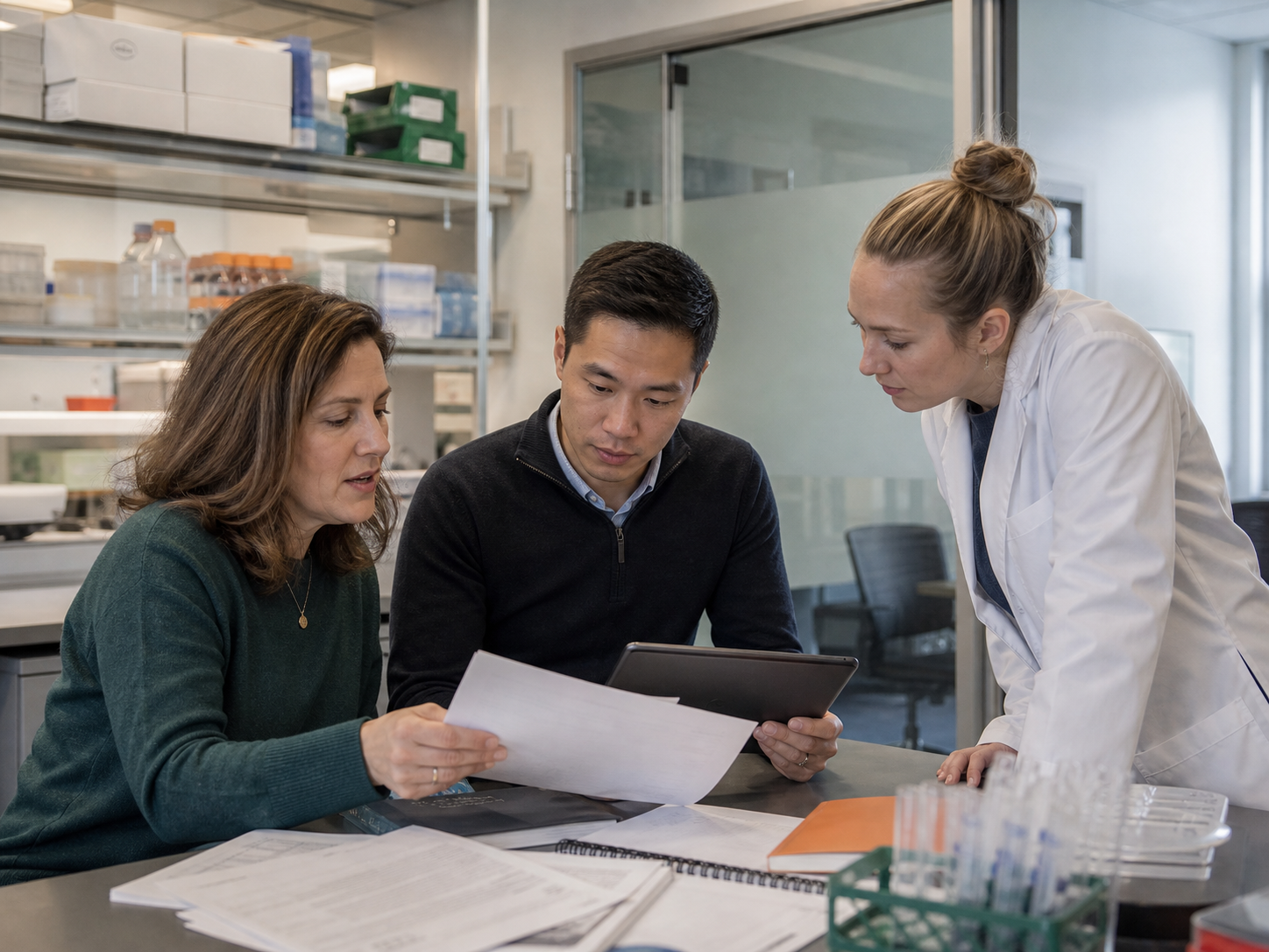 A cross-functional clinical development team reviewing study plans beside a laboratory