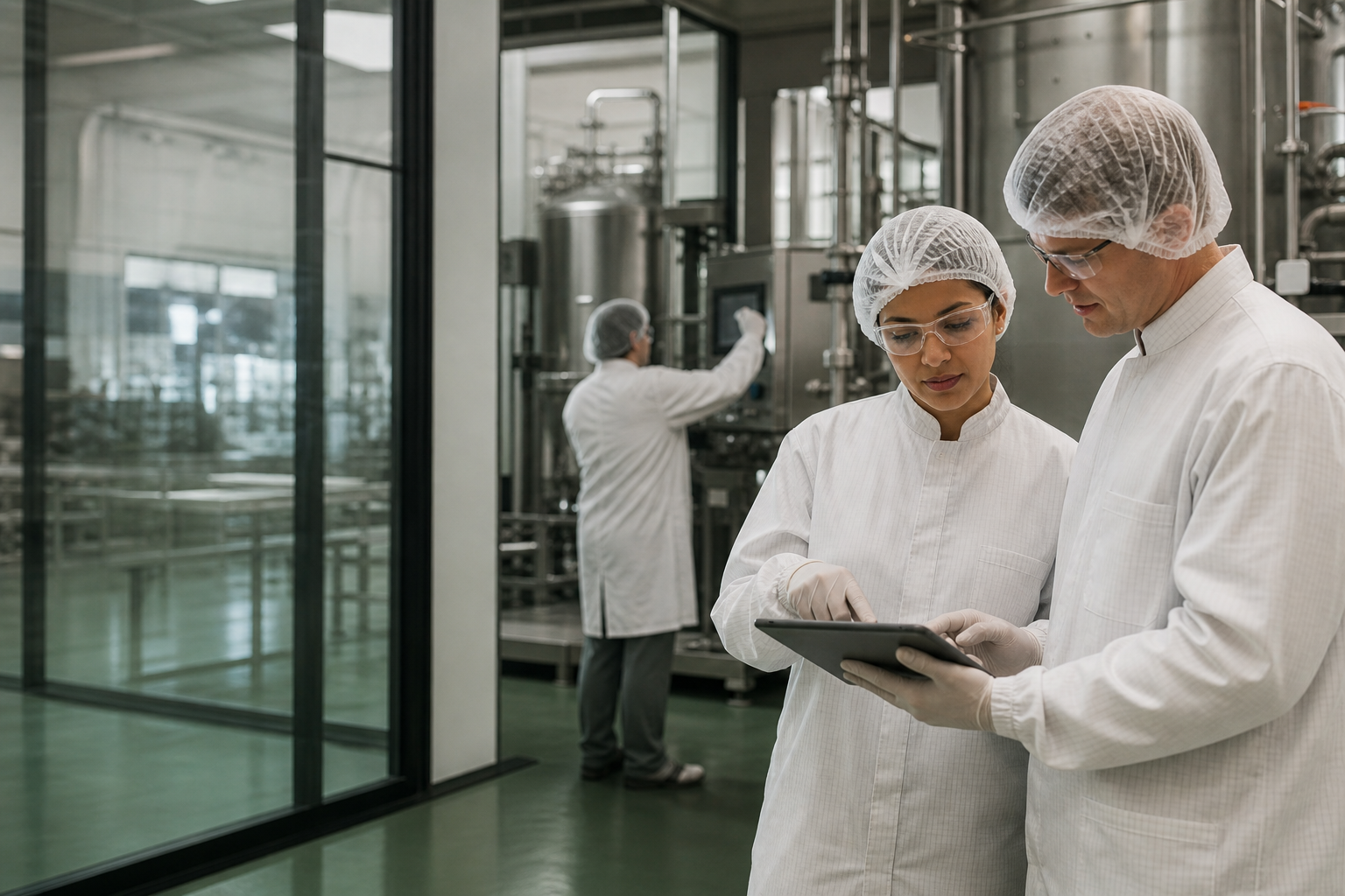 Biologics manufacturing professionals reviewing process work beside stainless-steel equipment