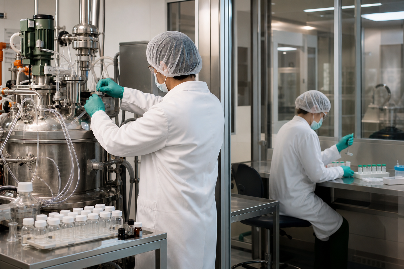 Two scientists working across lipid formulation equipment and a quality-control station