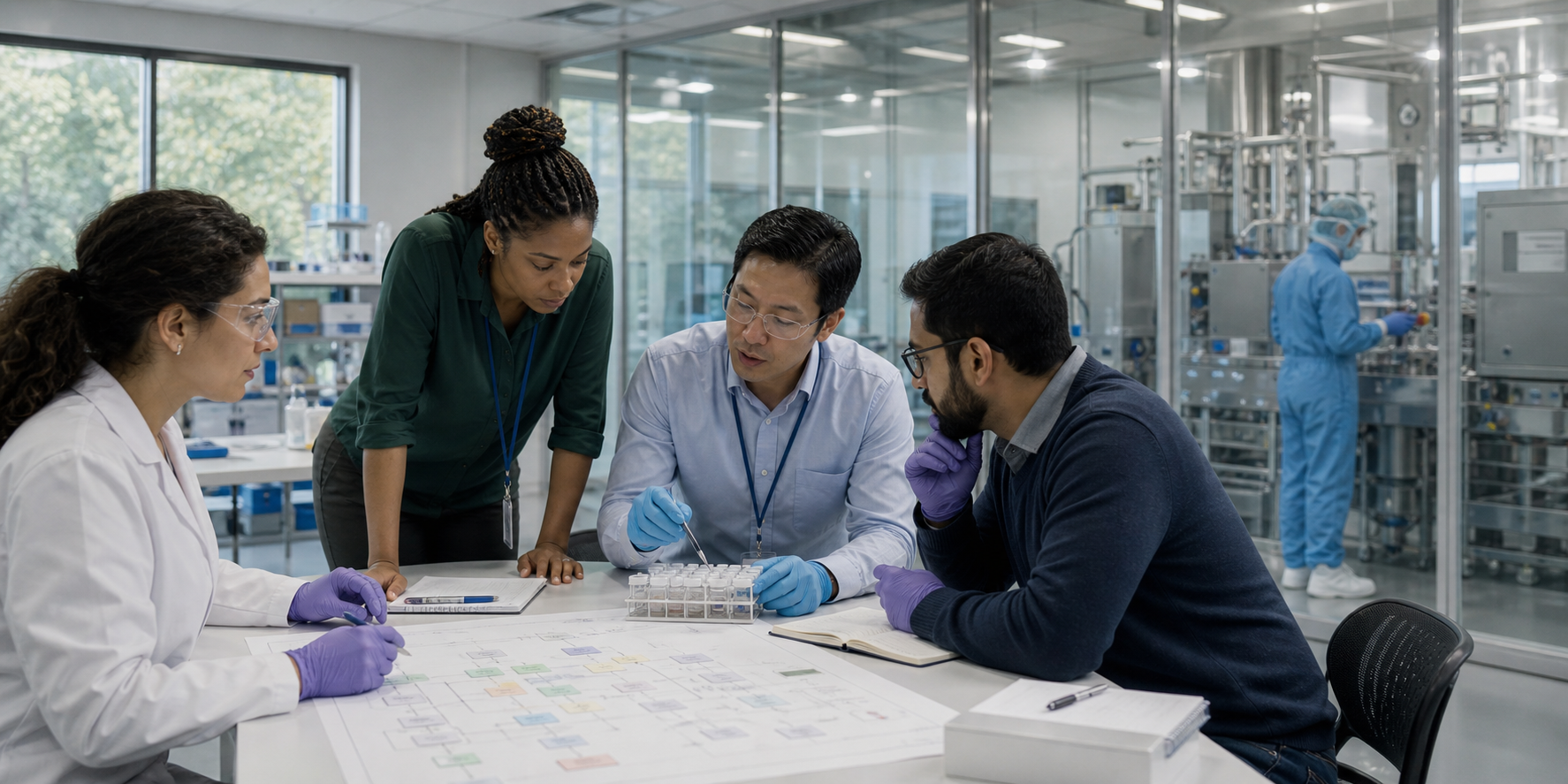 Life-sciences professionals coordinating laboratory, clinical, data, and manufacturing work