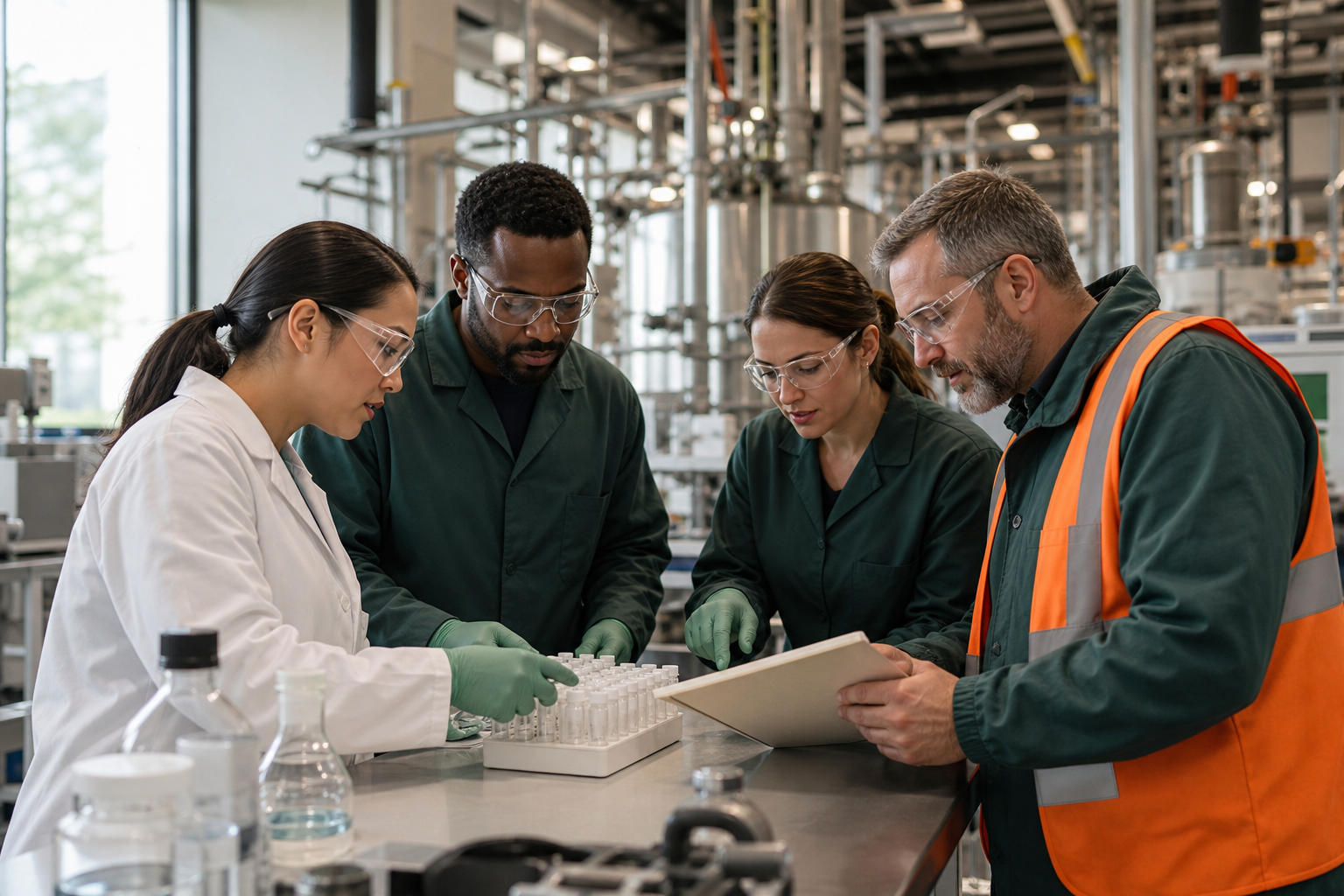 Scientists and operations professionals coordinating analytical and manufacturing work