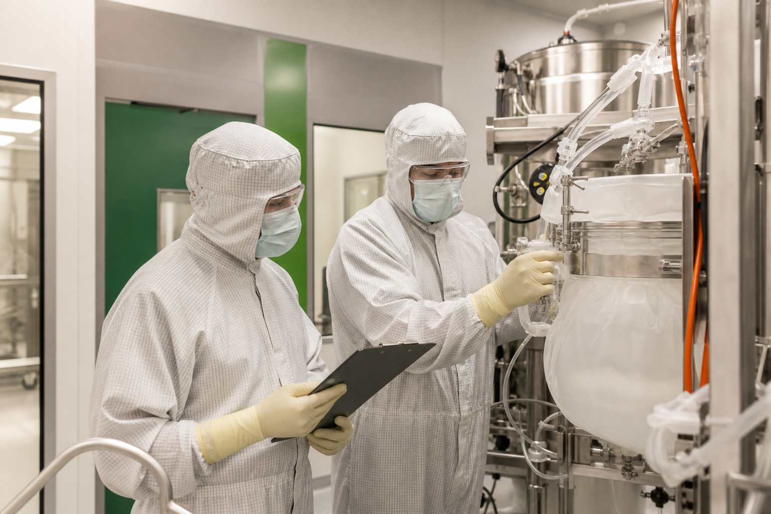 Two cleanroom professionals coordinating a gene-therapy manufacturing process handoff