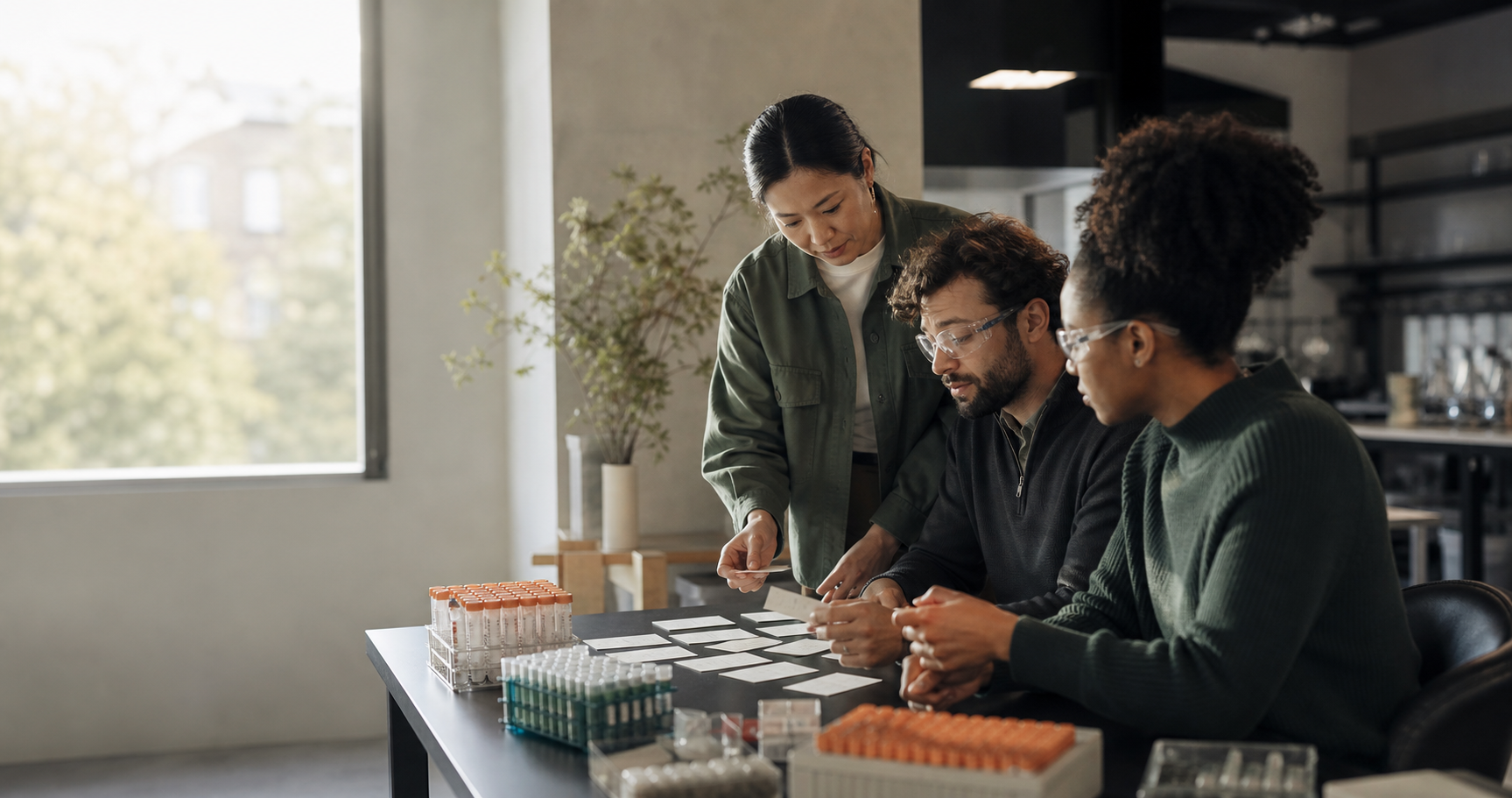 A cross-functional biopharma team reviewing samples and execution plans in a modern laboratory workspace