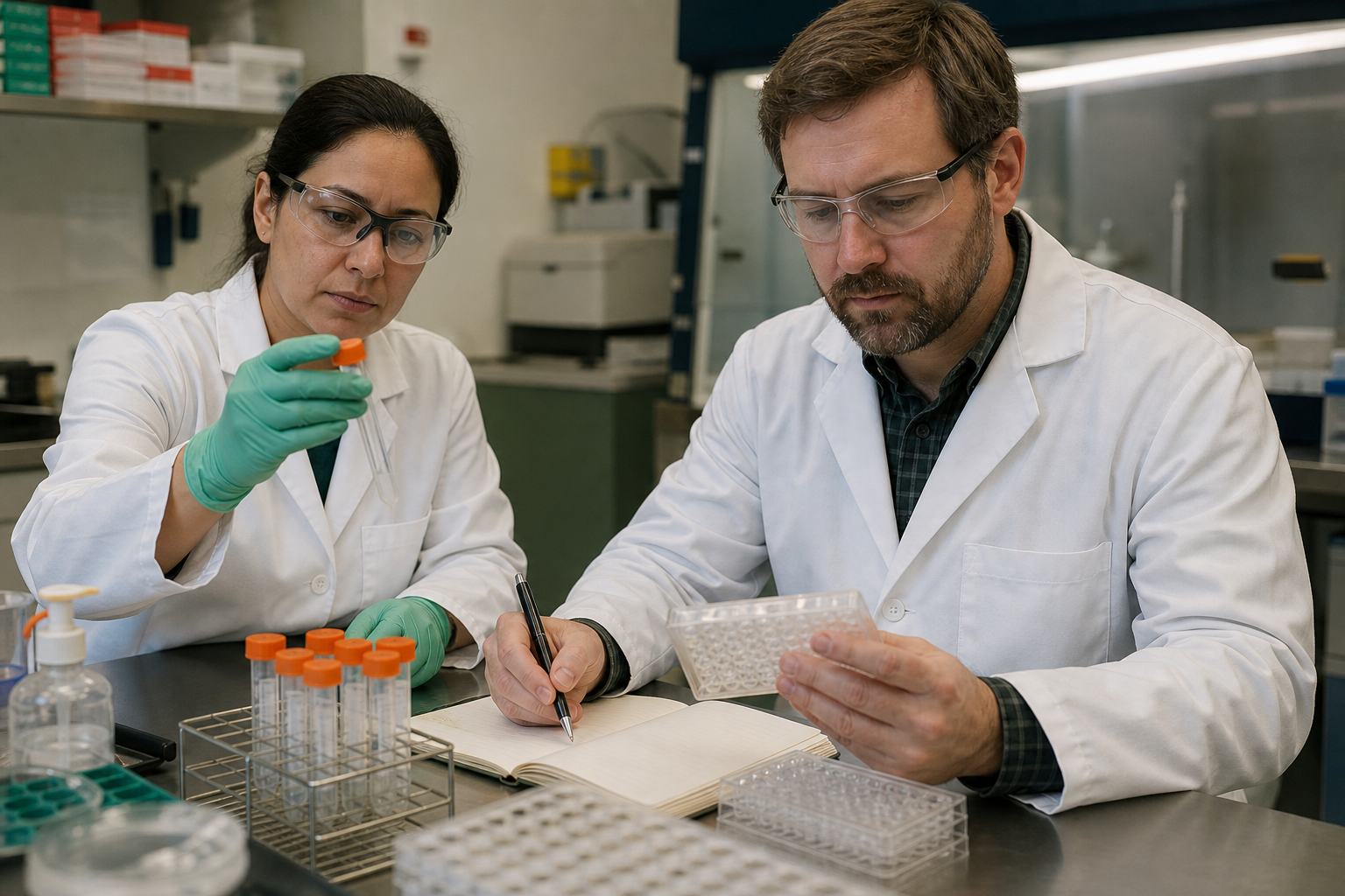 Two immunology scientists carefully reviewing samples and assay materials in a laboratory