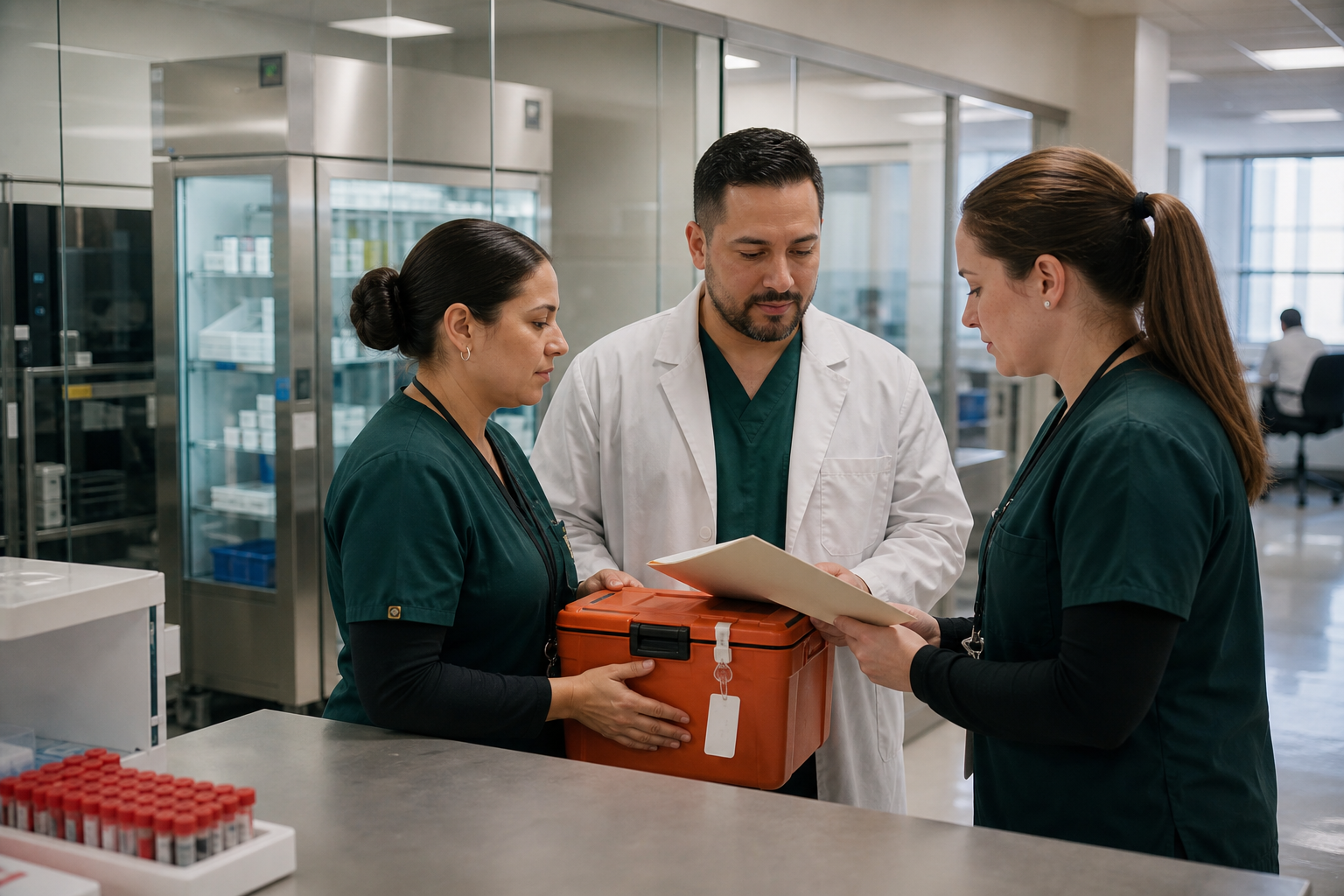 Clinical and laboratory professionals coordinating an early-phase sample handoff
