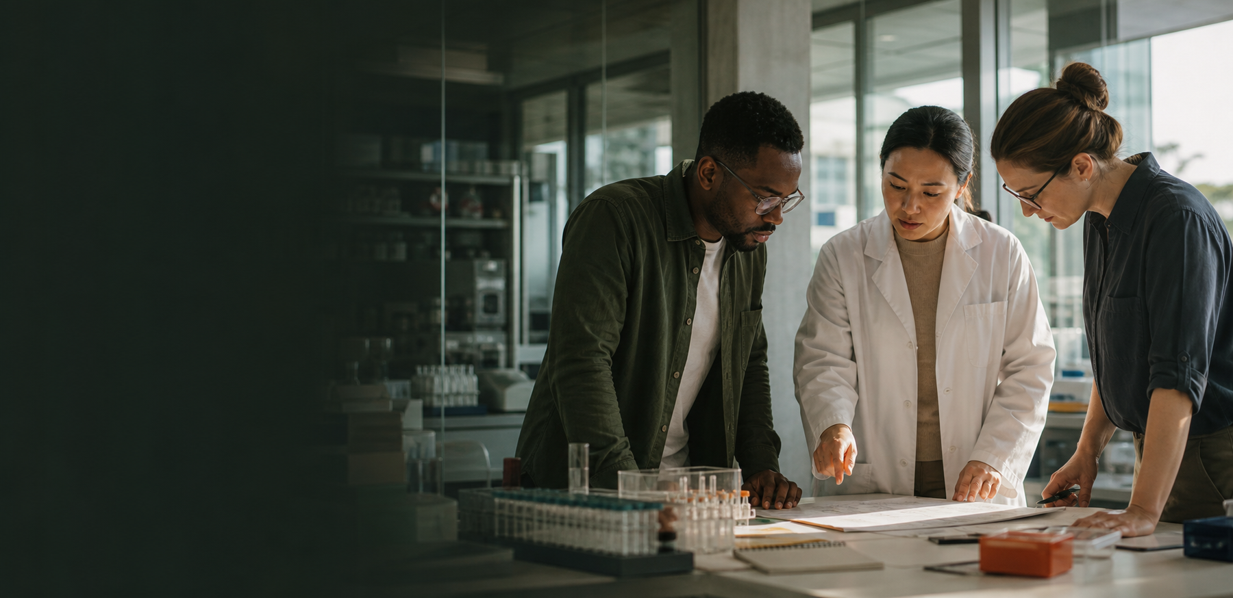 A small cross-functional life-sciences team reviewing samples and execution plans in a modern laboratory