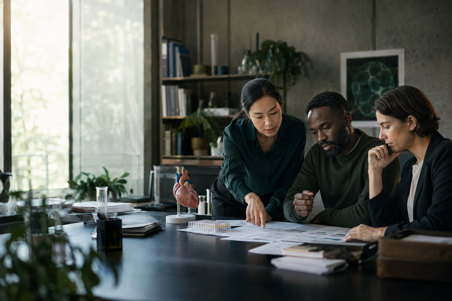 Three life-sciences professionals reviewing evidence around a table with a heart model