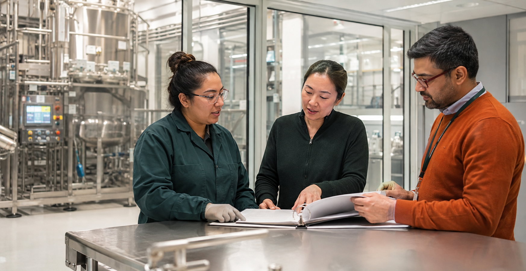 Three biopharma professionals reviewing an operations binder beside stainless-steel production equipment