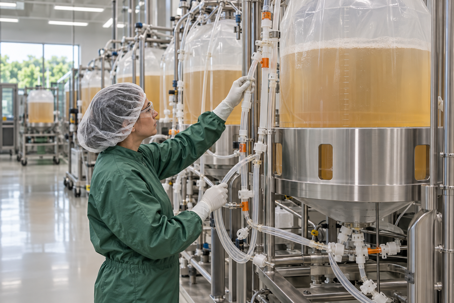 A bioprocess operator checking lines on a single-use bioreactor train