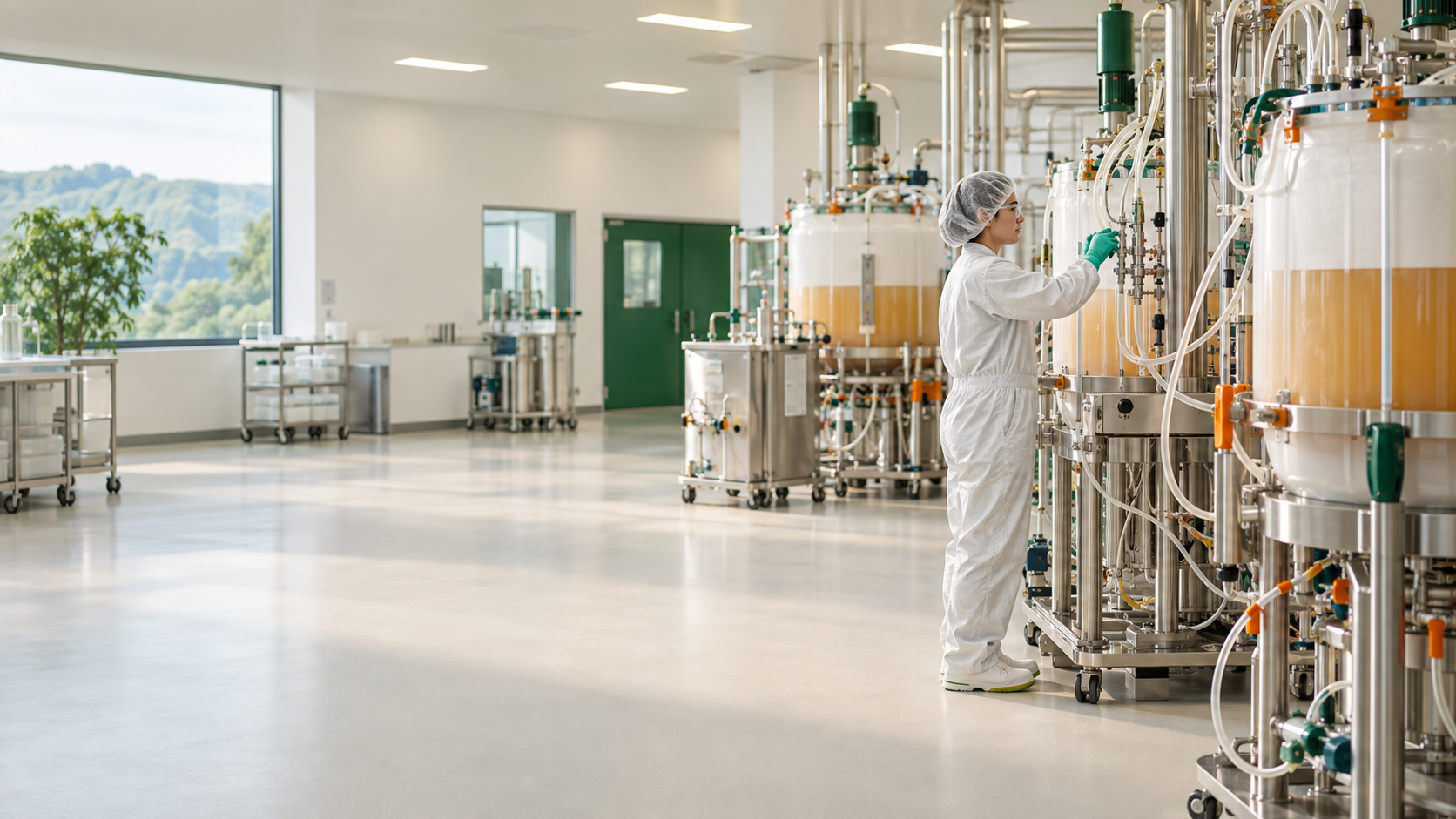 A bioprocess engineer inspecting single-use bioreactors in a bright manufacturing suite