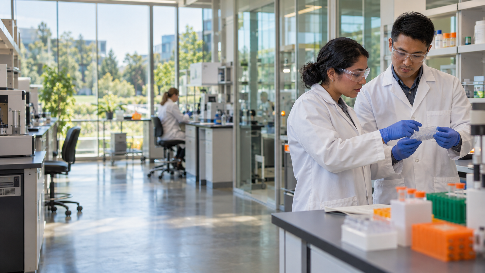 Two research scientists reviewing an assay in a bright contemporary laboratory