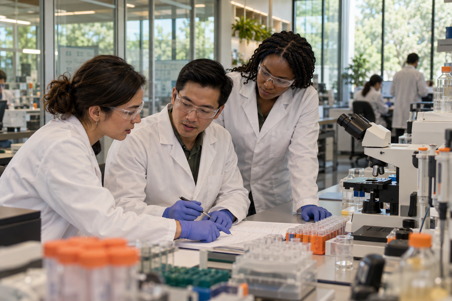 Three research scientists collaborating around an assay bench in a modern laboratory