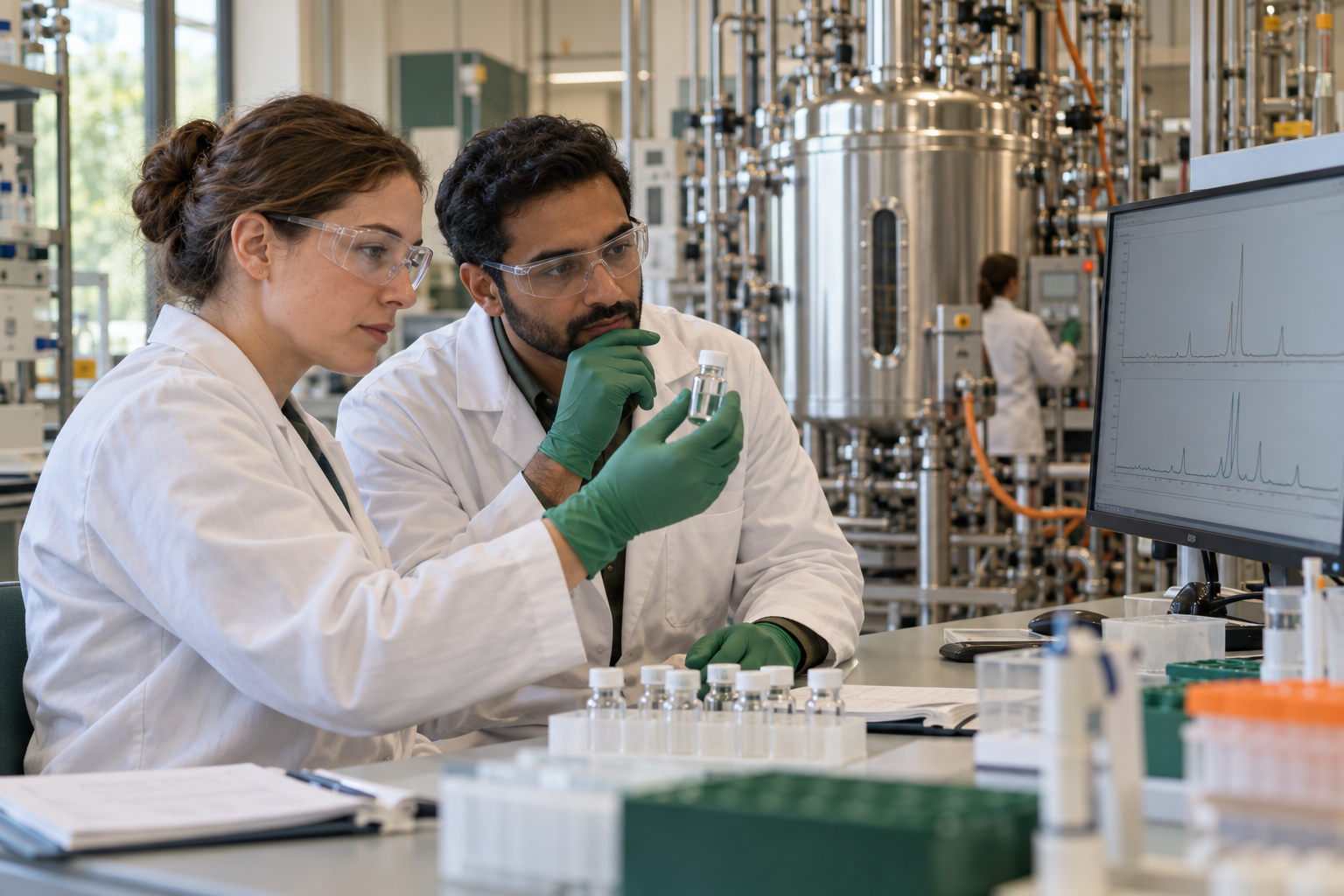 Two analytical scientists reviewing a biologics sample beside a bioreactor and chromatography equipment