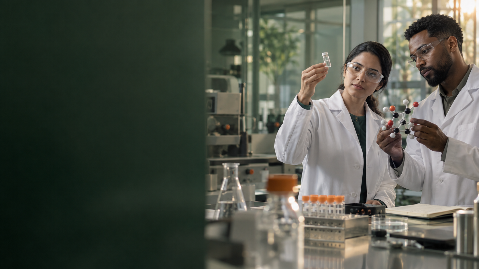 Two oncology researchers examining an unlabeled vial and a molecular model in a translational laboratory