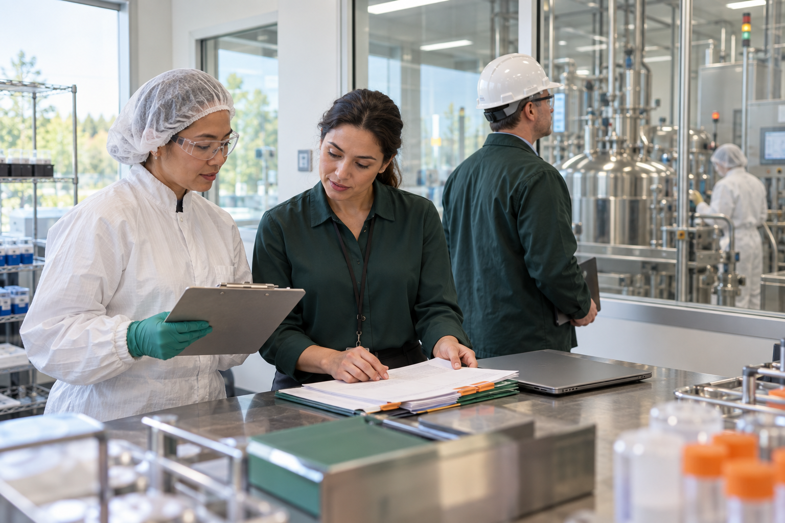 A cross-functional life-sciences team coordinating quality, clinical, commercial, and process work