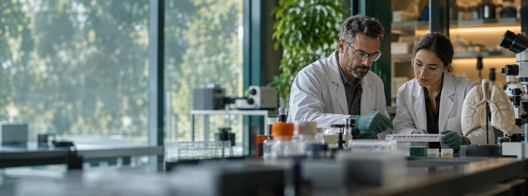 Two life-sciences researchers reviewing an unlabeled vial beside a translucent lung model