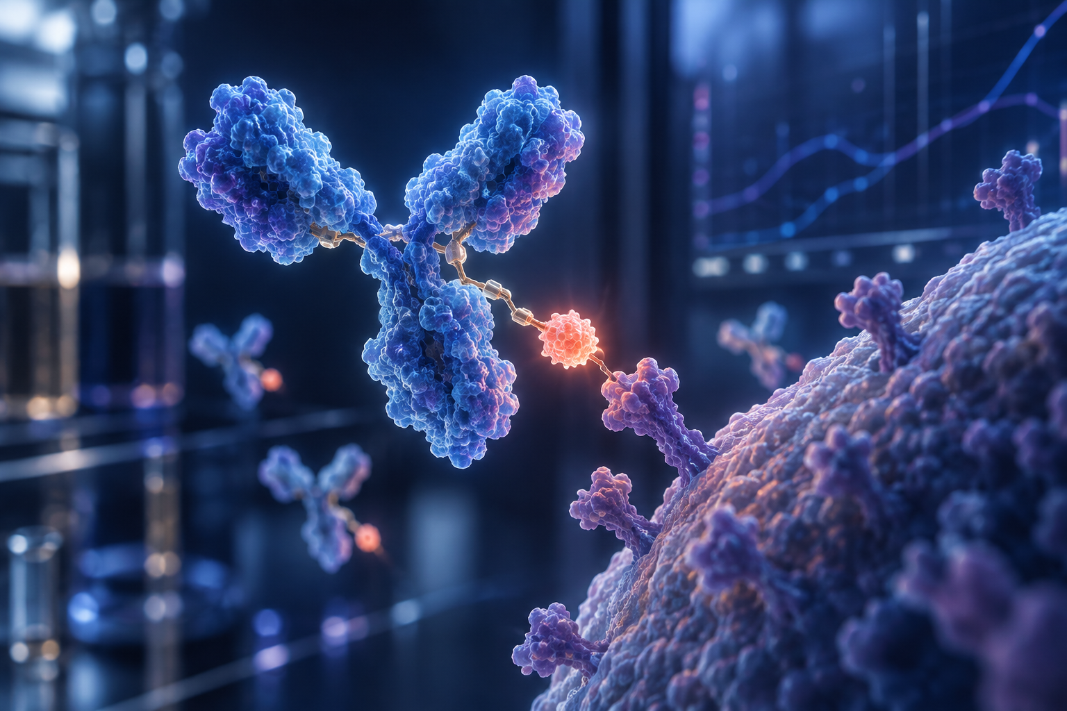 An editorial molecular illustration of an antibody-drug conjugate approaching a cellular target