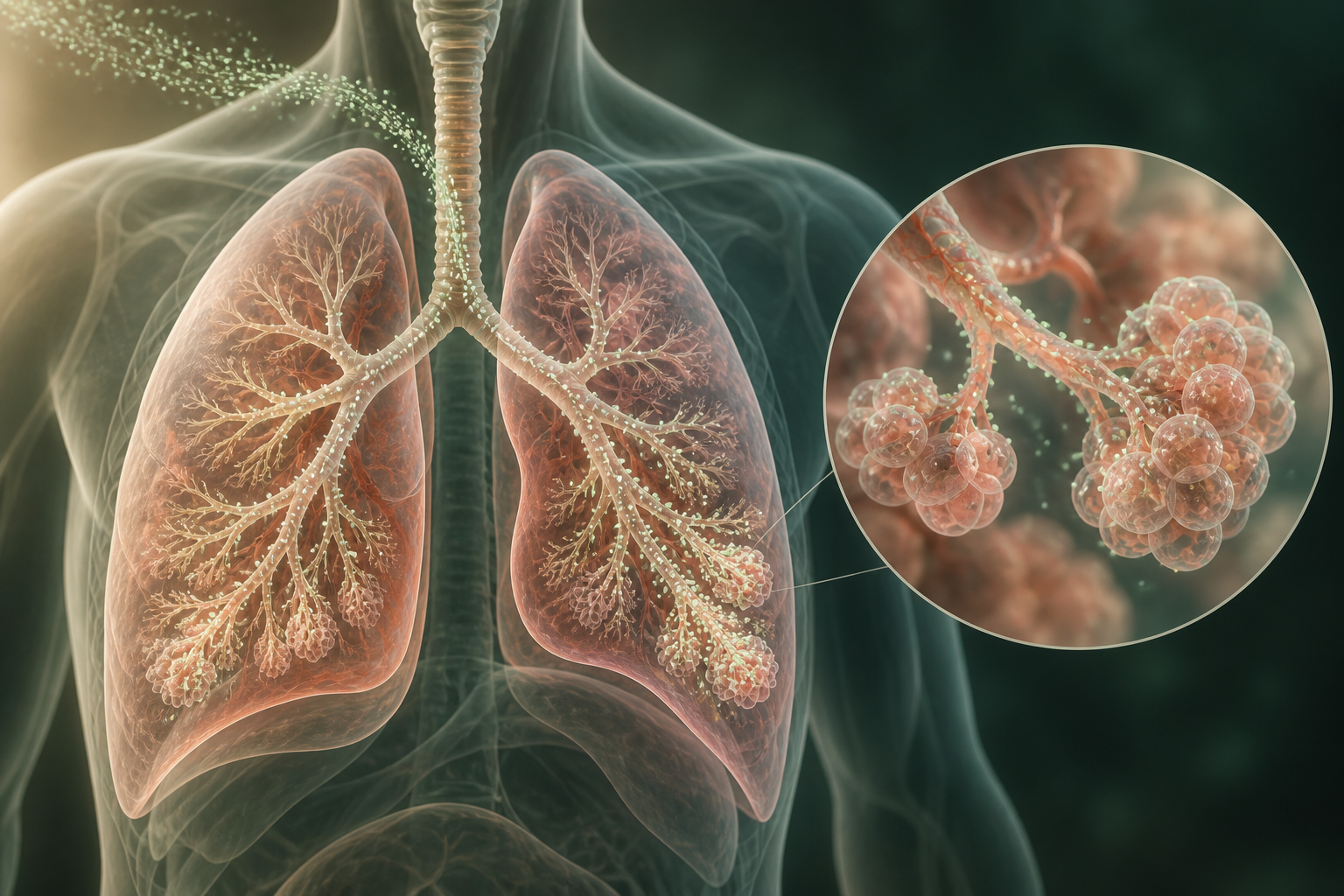 Editorial respiratory illustration of inhaled particles moving through branching airways toward alveoli
