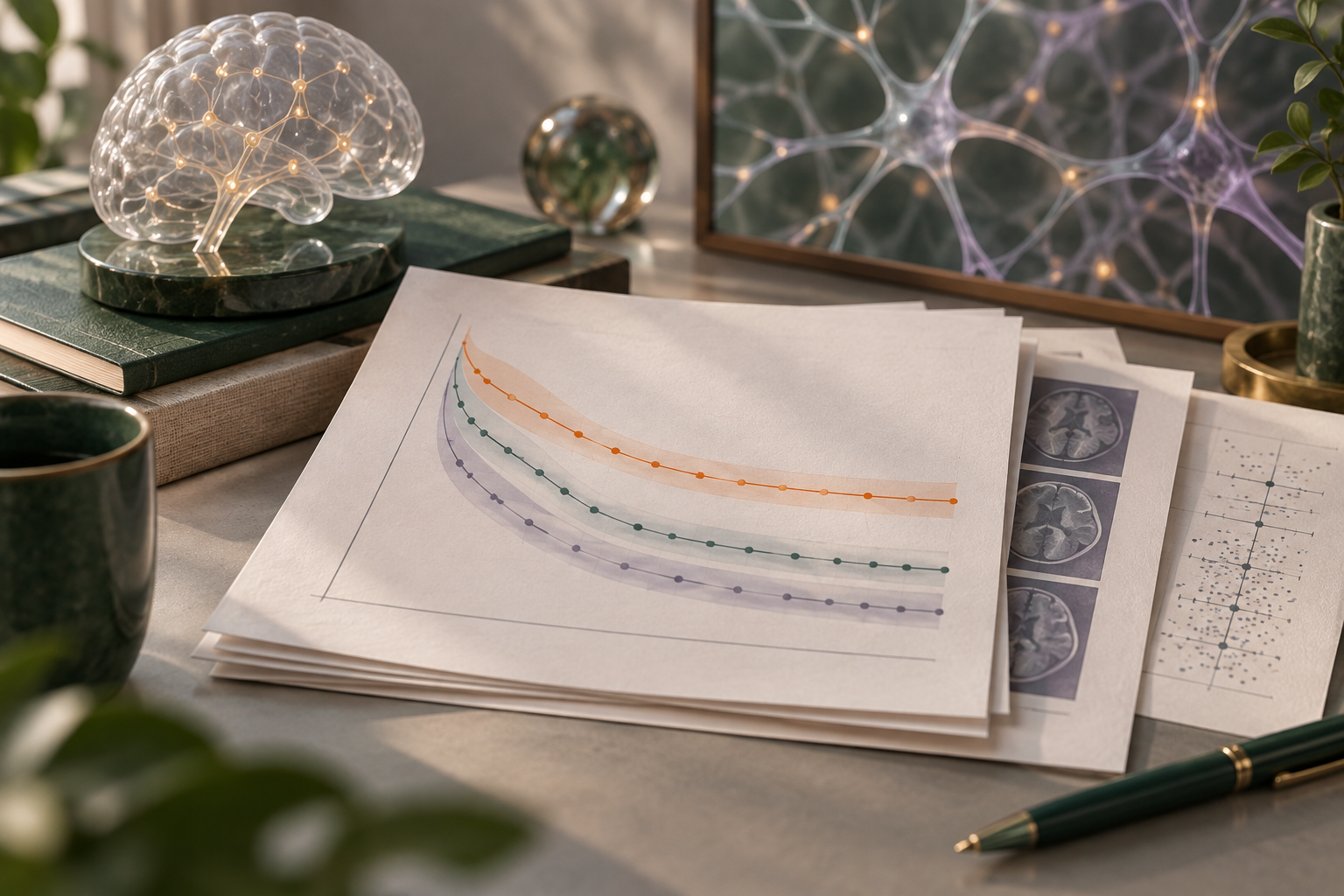 Editorial neuroscience evidence scene with layered clinical data sheets
