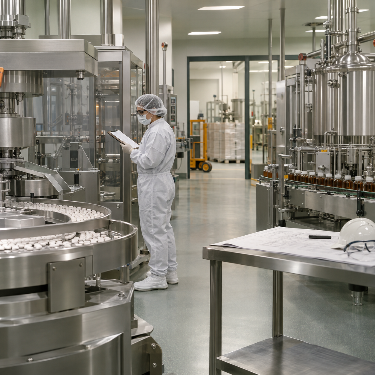 Illustrative medicine manufacturing suite with a technician reviewing a checklist